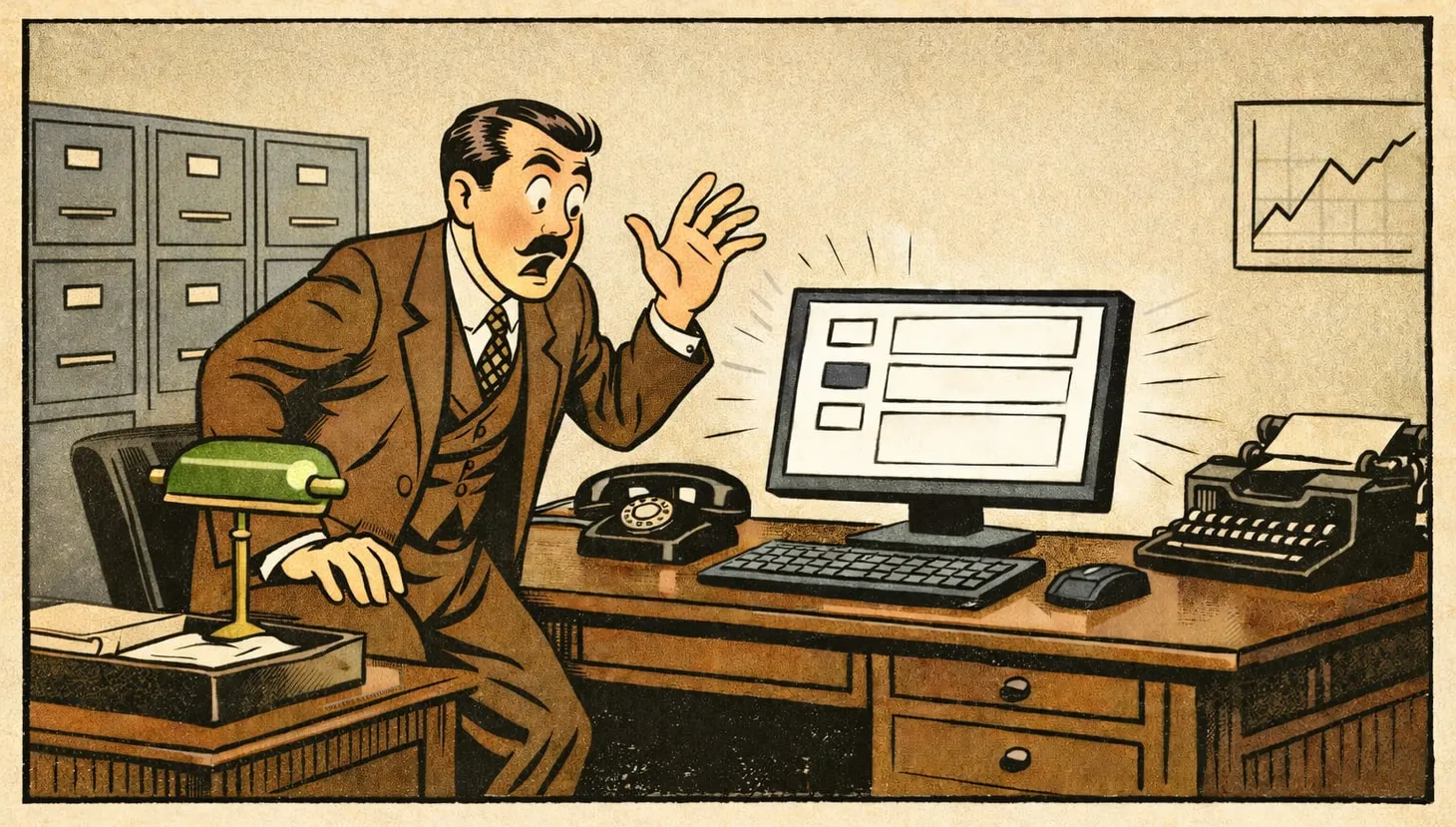 A vintage cartoon of a man in a 1930s style suite in a matching office with rotary phone, typewriter and a modern computer screen looks shocked at what he sees on the screen. 